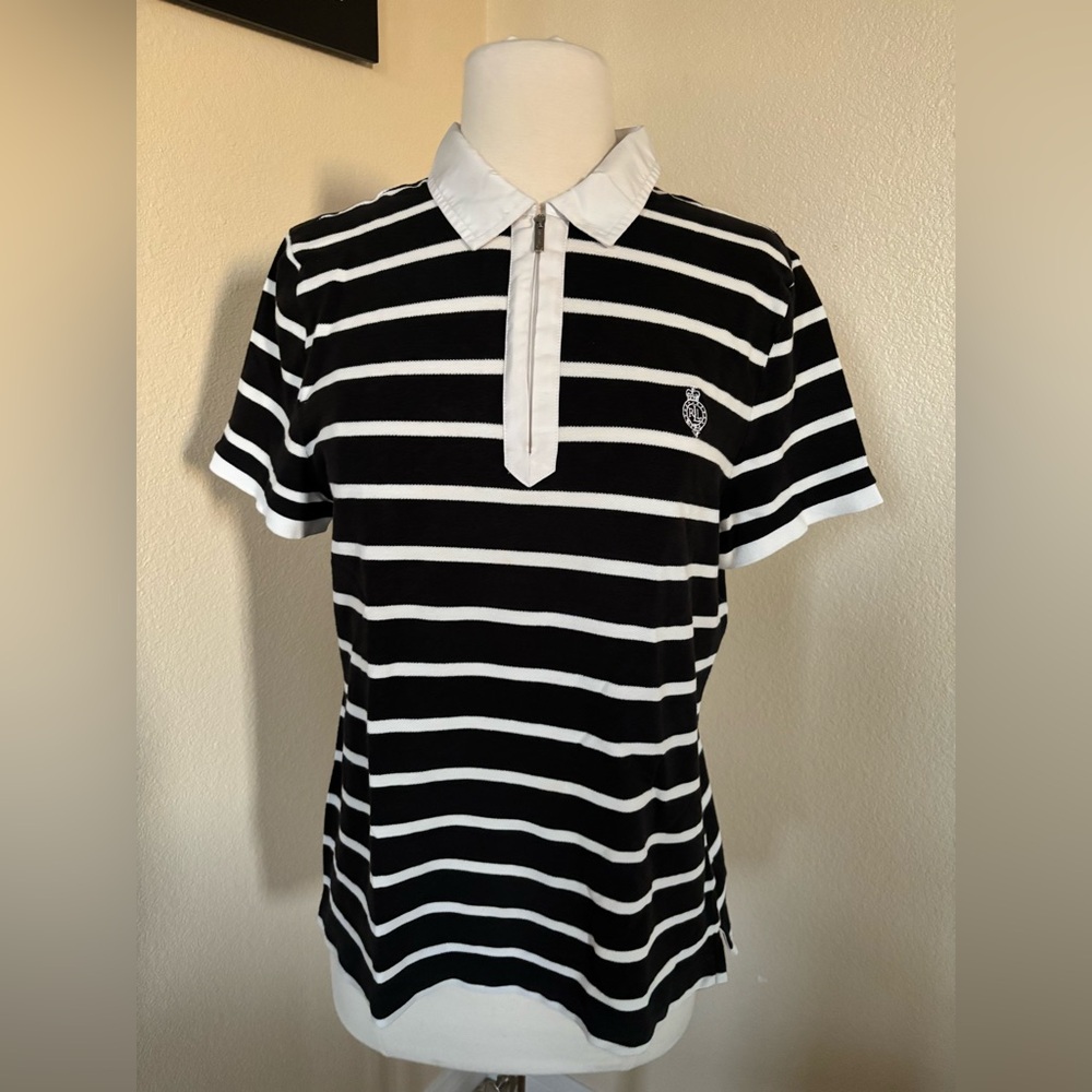 Women’s Ralph Lauren LAUREN ACTIVE polo shirt. Black and white stripes. Size L